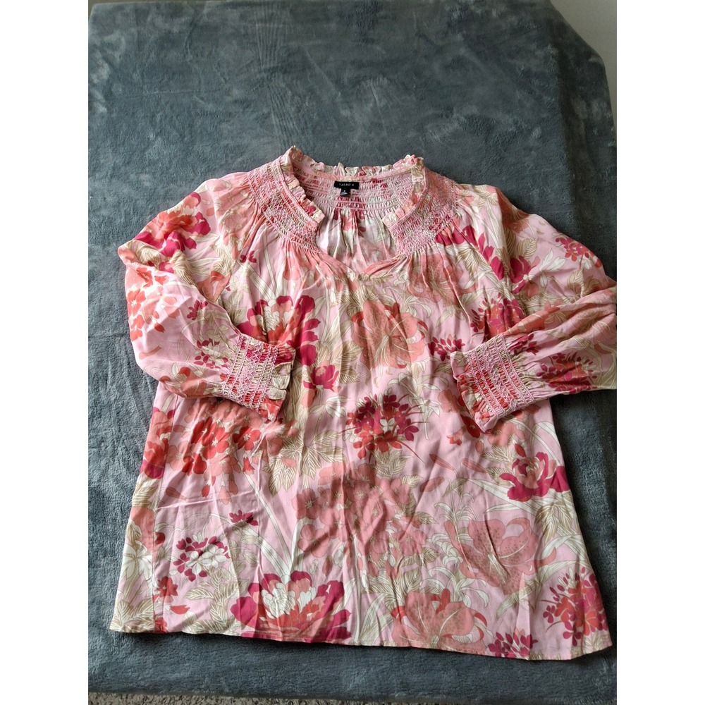 Talbots Pink Floral Smocked Split Neck Viscose Blouse Womens Small PH5090
